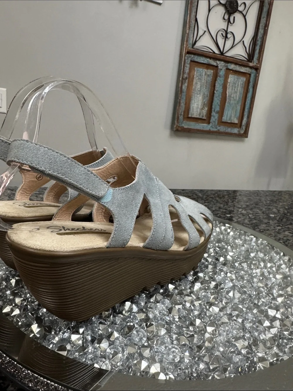 Skechers Light Gray blue Suede Wedge Sandal with Tan Platform 9
